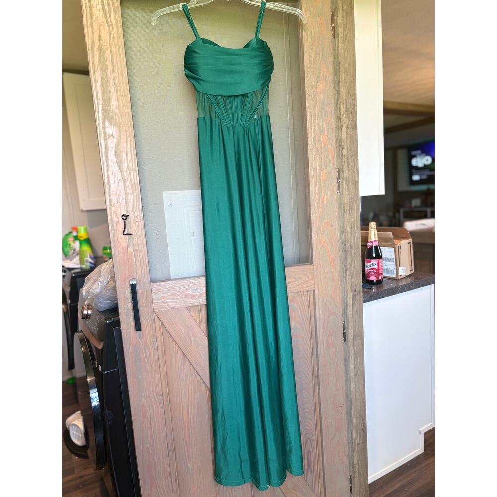 Emerald Green Corset Maxi Dress XS Satin Slit Formal Prom Evening Dress